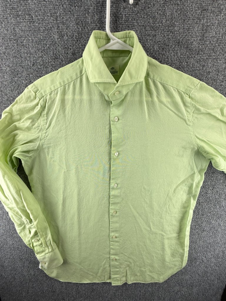 Luigi Borrelli Green Button Up Shirt Lightweight Long Sleeve 15.5 Italy Woven